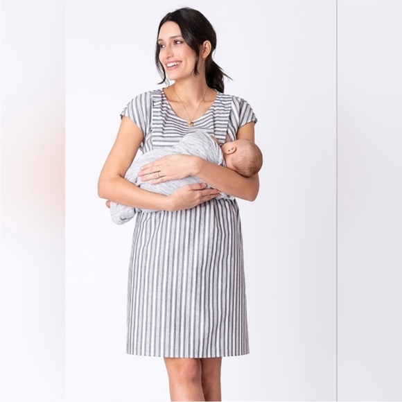 Seraphine Gray and White Striped Midi Maternity Dress - Picture 2 of 4